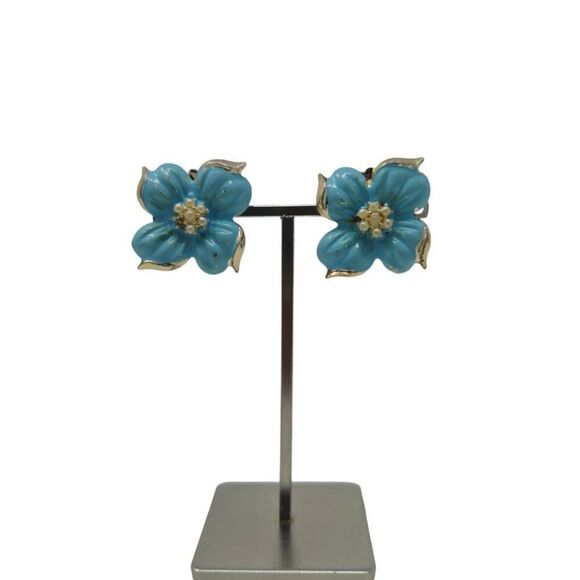 Turquoise Floral Clip-On Earrings | 1.25" - Picture 1 of 6